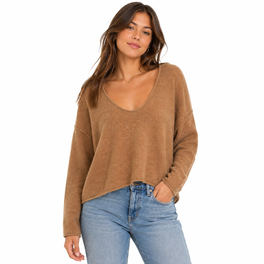 Free People 100% Cashmere Brown Long Sleeve Oversized Scoop Neck Sweater sz S
